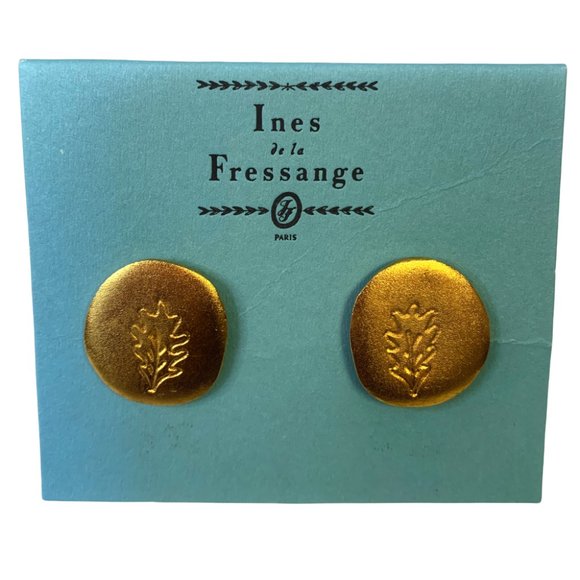 Ines de la Fressange Gold Engraved Leaf Round Earrings - Picture 1 of 5